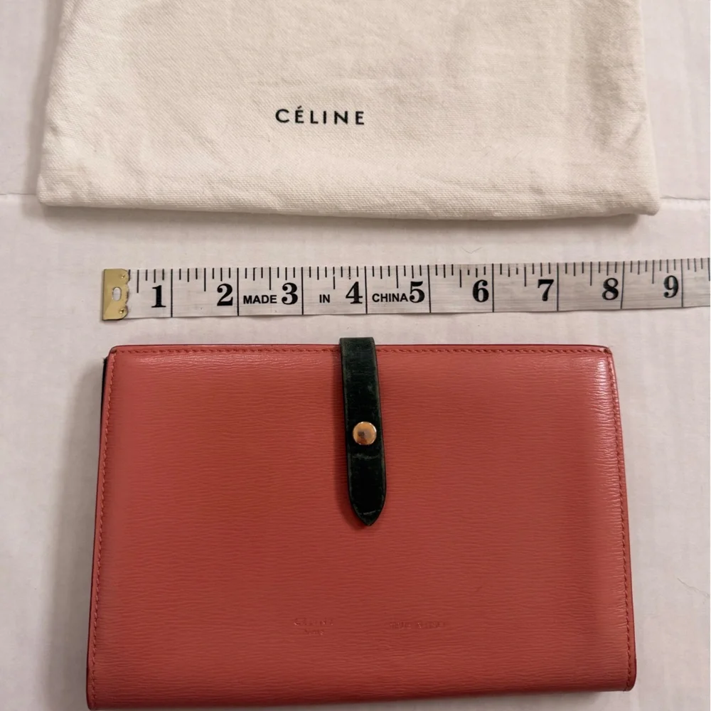 Celine Large Multifunction Leather Wallet in Rich Pink With Green Strap - Picture 9 of 10